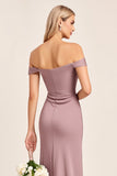 Vintage Mauve Satin Off The Shoulder Long Bridesmaid Dress with Slit
