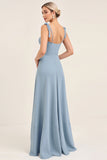 A Line Sky Blue Chiffon Spaghetti Straps Long Bridesmaid Dress
