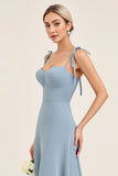 A Line Sky Blue Chiffon Spaghetti Straps Long Bridesmaid Dress
