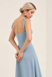 A Line Sky Blue Chiffon Spaghetti Straps Long Bridesmaid Dress