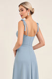 A Line Sky Blue Chiffon Spaghetti Straps Long Bridesmaid Dress