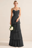Candy Pink Spaghetti Straps A Line Ruffled Long Bridesmaid Dress