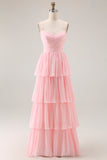 Blush Pink A Line Tiered Chiffon Long Bridesmaid Dress with Ruffles