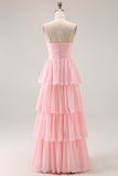 Blush Pink A Line Tiered Chiffon Long Bridesmaid Dress with Ruffles