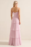 Candy Pink Spaghetti Straps A Line Ruffled Long Bridesmaid Dress