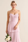 Candy Pink Spaghetti Straps A Line Ruffled Long Bridesmaid Dress