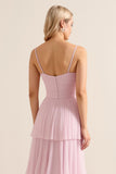 Candy Pink Spaghetti Straps A Line Ruffled Long Bridesmaid Dress