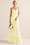 Candy Pink Spaghetti Straps A Line Ruffled Long Bridesmaid Dress