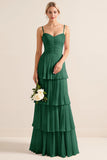 Candy Pink Spaghetti Straps A Line Ruffled Long Bridesmaid Dress