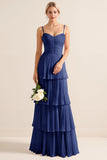 Candy Pink Spaghetti Straps A Line Ruffled Long Bridesmaid Dress