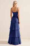 Candy Pink Spaghetti Straps A Line Ruffled Long Bridesmaid Dress