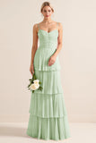 Candy Pink Spaghetti Straps A Line Ruffled Long Bridesmaid Dress