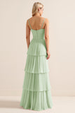 Candy Pink Spaghetti Straps A Line Ruffled Long Bridesmaid Dress