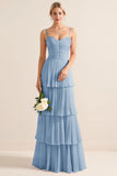 Candy Pink Spaghetti Straps A Line Ruffled Long Bridesmaid Dress