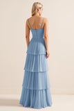 Candy Pink Spaghetti Straps A Line Ruffled Long Bridesmaid Dress
