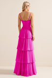 Candy Pink Spaghetti Straps A Line Ruffled Long Bridesmaid Dress