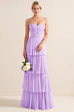 Candy Pink Spaghetti Straps A Line Ruffled Long Bridesmaid Dress