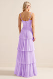 Candy Pink Spaghetti Straps A Line Ruffled Long Bridesmaid Dress