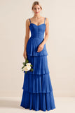 Candy Pink Spaghetti Straps A Line Ruffled Long Bridesmaid Dress