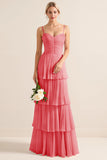 Candy Pink Spaghetti Straps A Line Ruffled Long Bridesmaid Dress
