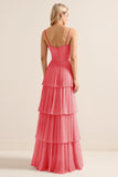Candy Pink Spaghetti Straps A Line Ruffled Long Bridesmaid Dress