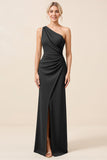 Matcha One Shoulder Chiffon Ruched Long Bridesmaid Dress with Slit