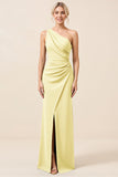 Matcha One Shoulder Chiffon Ruched Long Bridesmaid Dress with Slit