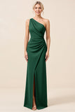 Matcha One Shoulder Chiffon Ruched Long Bridesmaid Dress with Slit