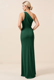 Matcha One Shoulder Chiffon Ruched Long Bridesmaid Dress with Slit