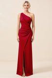 Matcha One Shoulder Chiffon Ruched Long Bridesmaid Dress with Slit