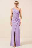 Matcha One Shoulder Chiffon Ruched Long Bridesmaid Dress with Slit