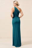 Matcha One Shoulder Chiffon Ruched Long Bridesmaid Dress with Slit
