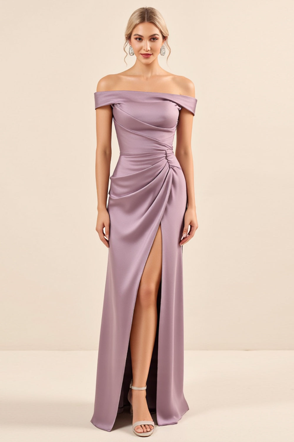 Vintage Mauve Sheath Off the Shoulder Satin Ruched Long Bridesmaid Dress