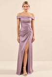 Vintage Mauve Sheath Off the Shoulder Satin Ruched Long Bridesmaid Dress