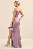 Vintage Mauve Sheath Off the Shoulder Satin Ruched Long Bridesmaid Dress
