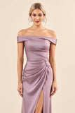 Vintage Mauve Sheath Off the Shoulder Satin Ruched Long Bridesmaid Dress