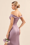 Vintage Mauve Sheath Off the Shoulder Satin Ruched Long Bridesmaid Dress
