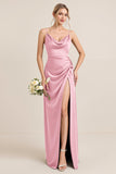 Olive Sheath Satin Maxi Bridesmaid Dress with Slit