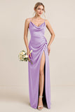 Olive Sheath Satin Maxi Bridesmaid Dress with Slit