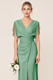 Light Blue Sheath Wrap V Neck Chiffon Long Bridesmaid Dress