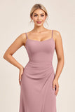 Vintage Mauve Sheath Spaghetti Straps Ruched Long Bridesmaid Dress with Slit