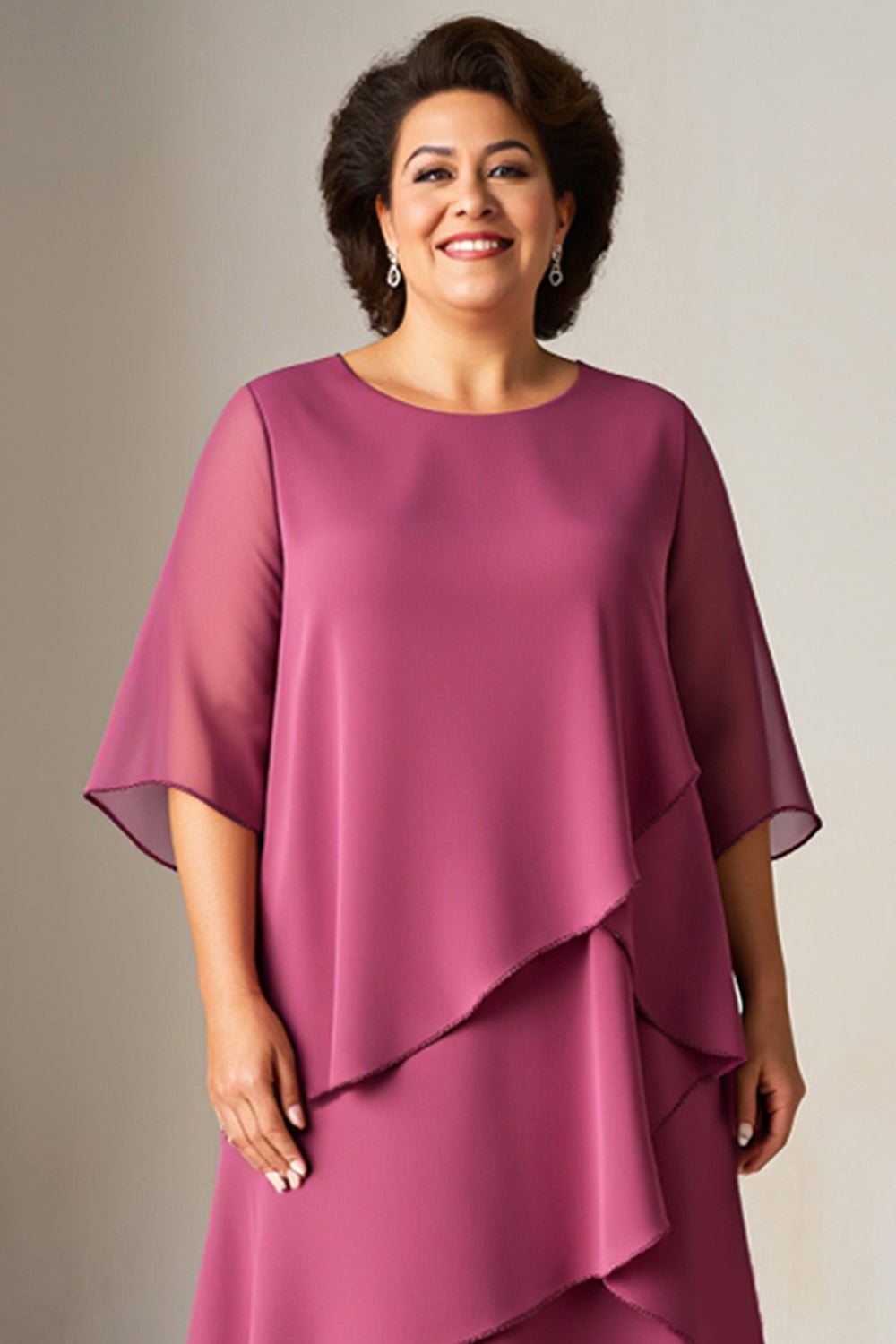Vintage Mauve Chiffon Ruffled Plus Size Mother Of The Bride Dress with Half Sleeves