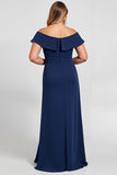 Off the Shoulder Lace Navy Plus Size Mother of the Bride Dress