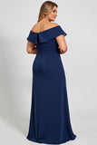 Off the Shoulder Lace Navy Plus Size Mother of the Bride Dress