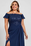 Off the Shoulder Lace Navy Plus Size Mother of the Bride Dress