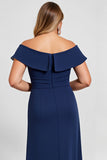 Off the Shoulder Lace Navy Plus Size Mother of the Bride Dress