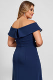 Off the Shoulder Lace Navy Plus Size Mother of the Bride Dress