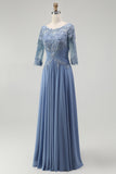 Dusty Blue Lace A Line Chiffon Mother of the Bride Dress