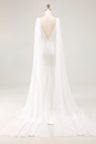 Ivory Mermaid V Neck Satin Long Wedding Dress with Watteau Train