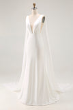 Ivory Mermaid V Neck Satin Long Wedding Dress with Watteau Train